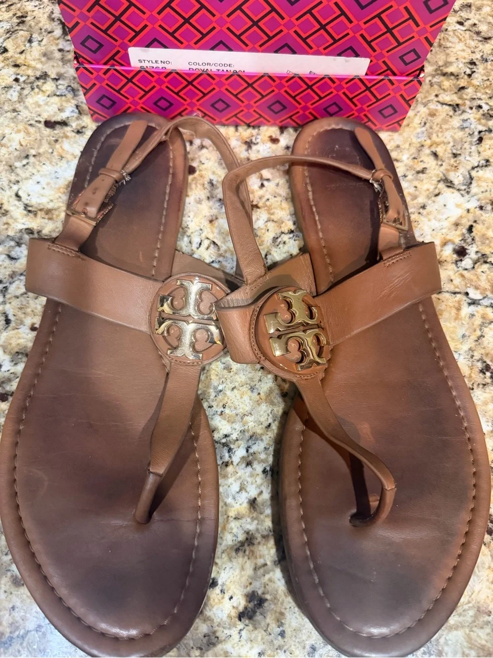 Tory Burch Brown Leather Logo Thong Sandals